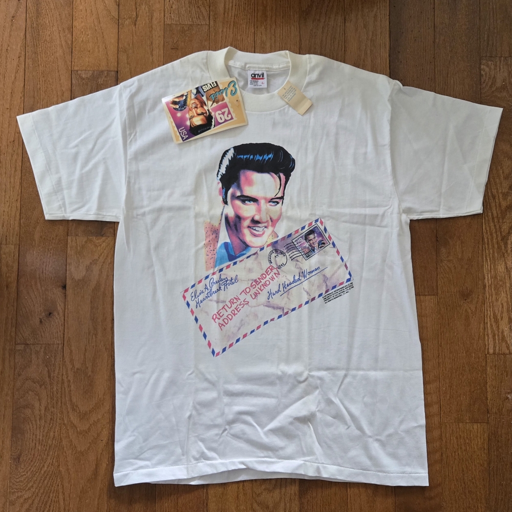 Vintage Elvis Presley Stamp White Short Sleeve Tee Size Large